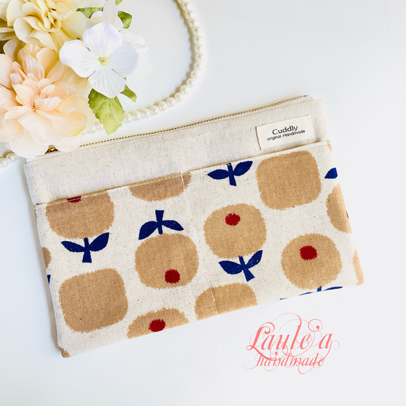 ＊北欧風＊綿麻＊フラットポーチ＊通帳入れ＊お薬手帳入れ＊20センチファスナー 1枚目の画像