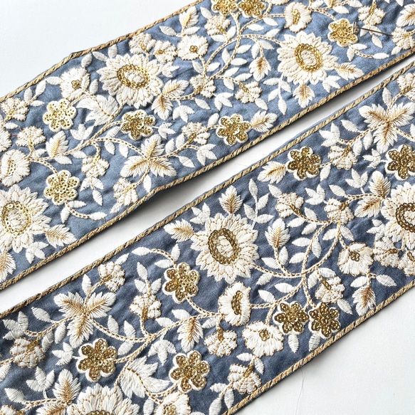50cm】インド刺繍リボン ブルー シルク フラワー GS436 リボン