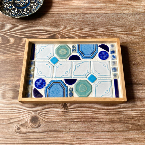 再販4】レトロな青 美濃焼 レトロタイル インテリア タイルトレー