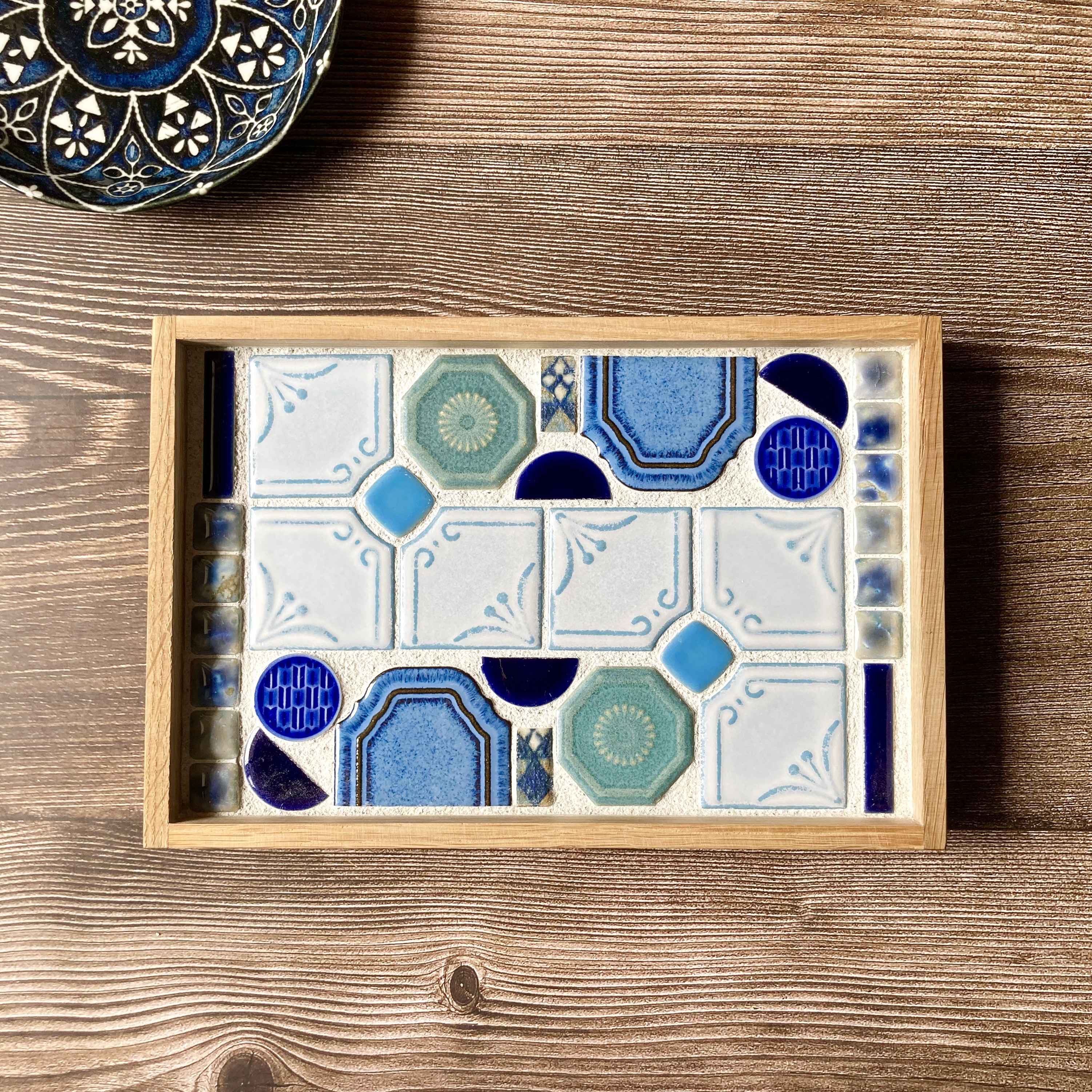 【再販4】レトロな青　美濃焼　レトロタイル　インテリア　タイルトレー　タイルトレイ