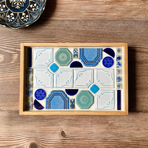 再販4】レトロな青 美濃焼 レトロタイル インテリア タイルトレー