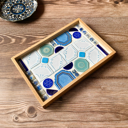 再販4】レトロな青 美濃焼 レトロタイル インテリア タイルトレー