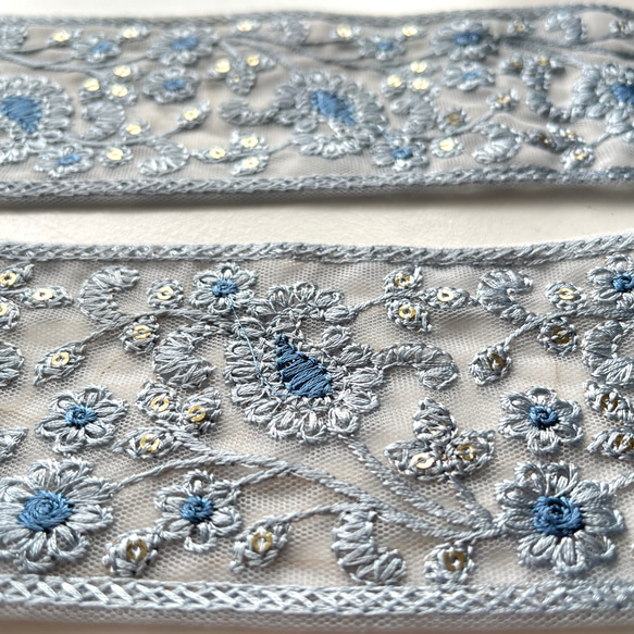 【50cm】インド刺繍リボン 　ライトブルー　チュール　ペイズリー　GN438 5枚目の画像