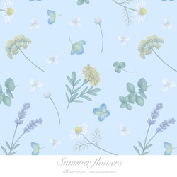 夏の花々コンパクトミラー　ブルー ホワイト 鏡 手鏡 ラベンダー 紫陽花 カモミール ミント マリーゴールド 花柄 9枚目の画像