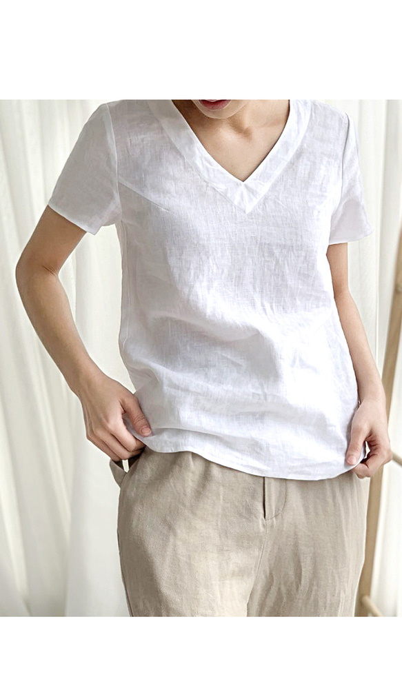 女性用リネン100% vネックTシャツ 2枚目の画像