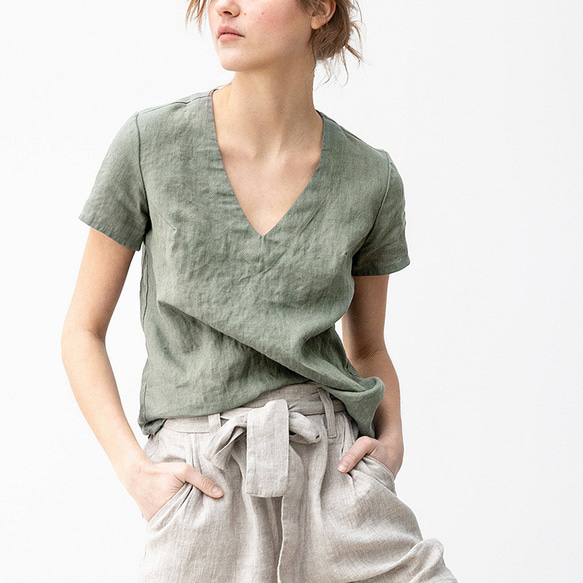 女性用リネン100% vネックTシャツ 8枚目の画像