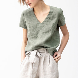 女性用リネン100% vネックTシャツ 7枚目の画像