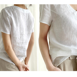 女性用リネン100% vネックTシャツ 4枚目の画像