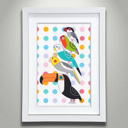 希少 野鳥 絵画 イラスト 原画 セット ウッド フレーム 新品 額装 原画「お洒落な小鳥ブレーメン カラフルドット 水玉」アート絵画 絵画