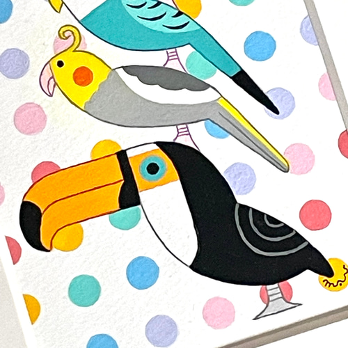 原画「お洒落な小鳥ブレーメン カラフルドット 水玉」アート絵画 絵画