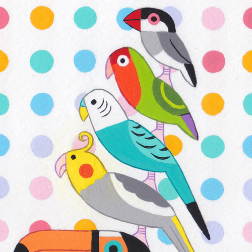 原画「お洒落な小鳥ブレーメン カラフルドット 水玉」アート絵画 絵画