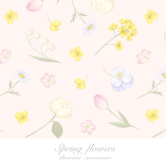 春の花々ライトピンクポーチ　メイクポーチ 化粧ポーチ ペンケース ふでばこ 桜 チューリップ 菜の花 パンジー 花柄 5枚目の画像