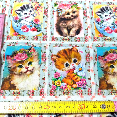 シーチング）cotton100％☆レトロ猫ちゃんパネル（フラワー