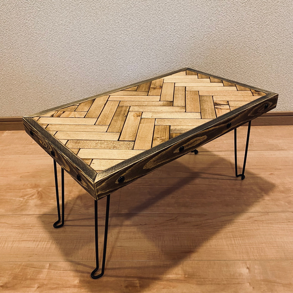 テーブル　ミニテーブル　コーヒーテーブル　ローテーブル　キャンプテーブル　アウトドア　座卓　折りたたみ　ヘリンボーン 4枚目の画像