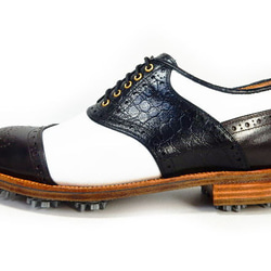 PARASHOE 本革底 クラシックゴルフシューズ サドルブローグ（白×黒×茶）3E 23～28cm（PSY-G102） 4枚目の画像