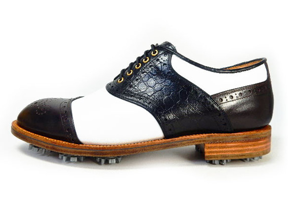 PARASHOE 本革底 クラシックゴルフシューズ サドルブローグ（白×黒×茶）3E 23～28cm（PSY-G102） 4枚目の画像