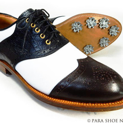 PARASHOE 本革底 クラシックゴルフシューズ サドルブローグ（白×黒×茶）3E 23～28cm（PSY-G102） 1枚目の画像