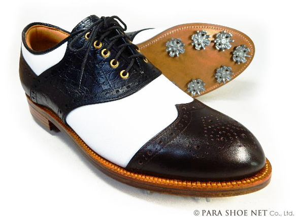 PARASHOE 本革底 クラシックゴルフシューズ サドルブローグ（白×黒×茶）3E 23～28cm（PSY-G102） 1枚目の画像