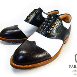 PARASHOE 本革底 クラシックゴルフシューズ サドルブローグ（白×黒×茶）3E 23～28cm（PSY-G102） 2枚目の画像