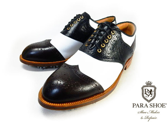 PARASHOE 本革底 クラシックゴルフシューズ サドルブローグ（白×黒×茶）3E 23～28cm（PSY-G102） 2枚目の画像