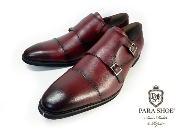 PARASHOE 本革 ダブルモンクス ビジネスシューズ ワイン 4E 27.5～32cm（PS1808-WIN） 2枚目の画像