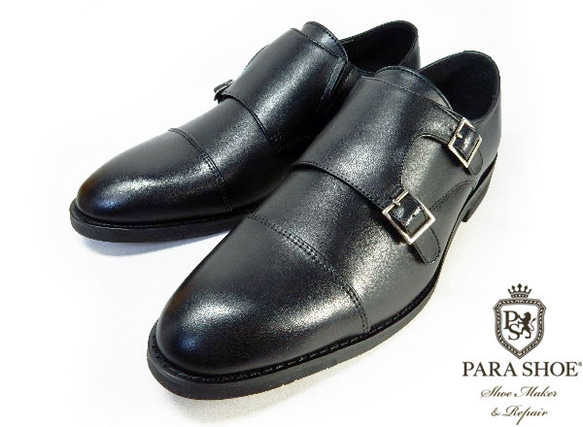 PARASHOE 本革 ダブルモンクストラップ ビジネスシューズ 黒 ワイズ3E 22cm～24cm（PS1803BL） 2枚目の画像