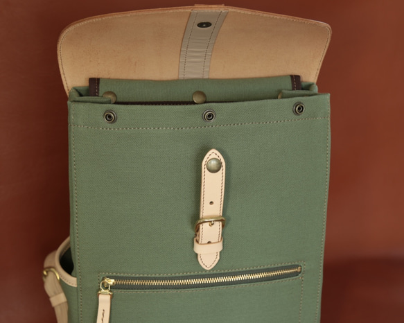 大人の帆布＆レザートリムミニスリムリュック CreamPistachioスマホポシェットセット 8枚目の画像