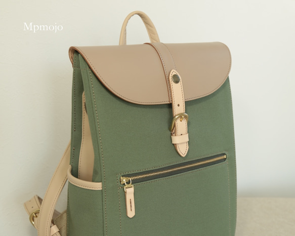 大人の帆布＆レザートリムミニスリムリュック CreamPistachioスマホポシェットセット 4枚目の画像