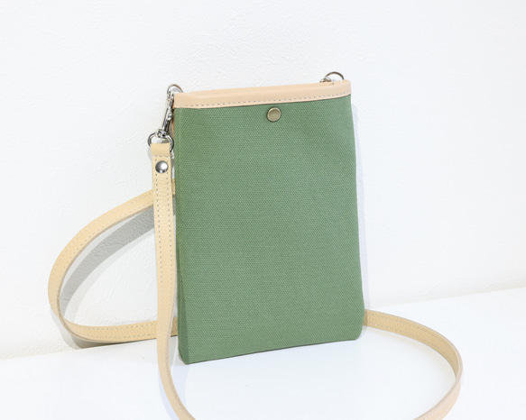 大人の帆布＆レザートリムミニスリムリュック CreamPistachioスマホポシェットセット 3枚目の画像