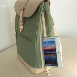 大人の帆布＆レザートリムミニスリムリュック CreamPistachioスマホポシェットセット 5枚目の画像