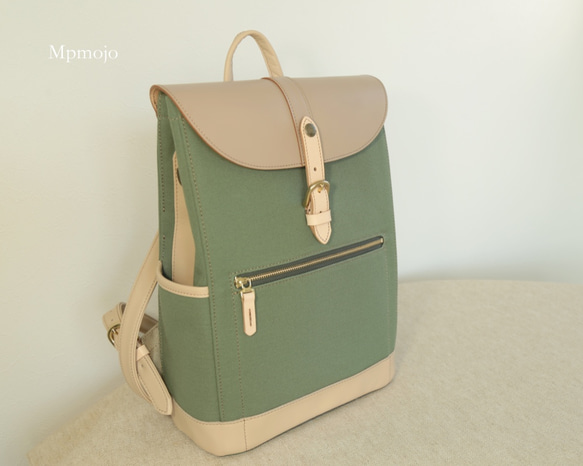 大人の帆布＆レザートリムミニスリムリュック CreamPistachioスマホポシェットセット 10枚目の画像