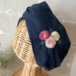 秋に咲く桜＊コスモスの刺繍ヘアターバン・ヘアバンド(ピンク・華やか刺繡)/ハーフリネン 7枚目の画像