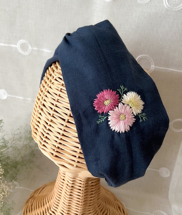 秋に咲く桜＊コスモスの刺繍ヘアターバン・ヘアバンド(ピンク・華やか刺繡)/ハーフリネン 7枚目の画像