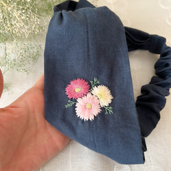 秋に咲く桜＊コスモスの刺繍ヘアターバン・ヘアバンド(ピンク・華やか刺繡)/ハーフリネン 6枚目の画像