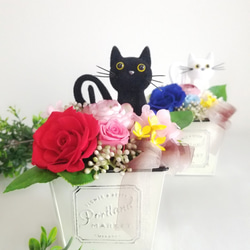 花と猫(レッド系)プリザーブドフラワー／ 猫 母の日 誕生日 フラワーギフト  花  猫好き プレゼント 置物 No.4 9枚目の画像