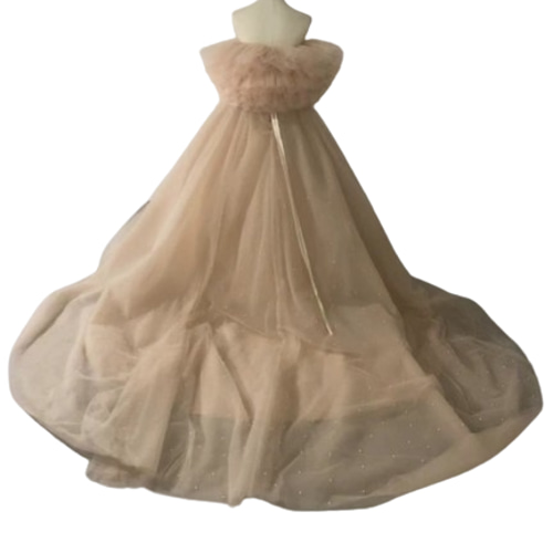 ウェディングドレス パール ベアトップ 編み上げ 可愛い シャンパン色  