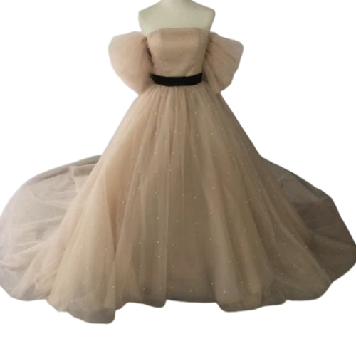 ウェディングドレス パール ベアトップ 編み上げ 可愛い シャンパン色  