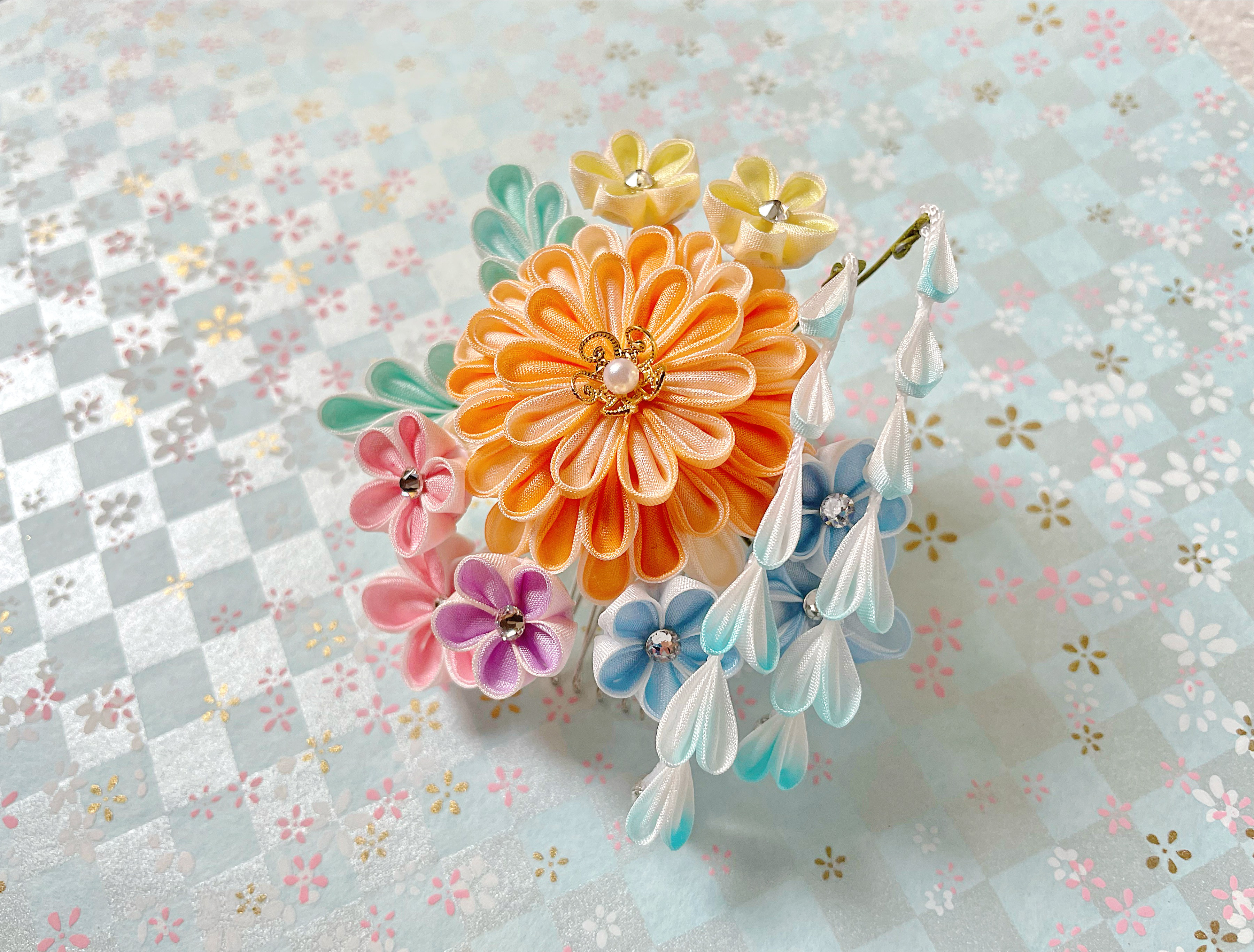 朝涼　つまみ細工髪飾り