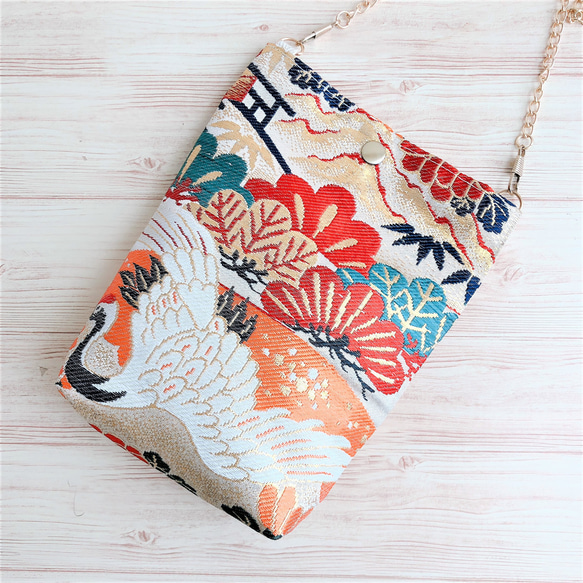 帯リメイク アンティーク柄の帯から作ったミニバッグ／スマホ  