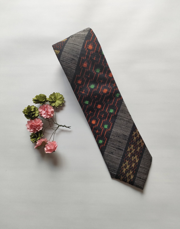 【高級正絹ネクタイ】信州紬変わり縞柄（送料無料・ラッピング無料） 2枚目の画像