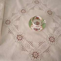 フランスの手仕事/アイボリー色 お花モチーフの手編みレースと手刺繍 生地 テーブルクロス (ヴィンテージ) 1枚目の画像