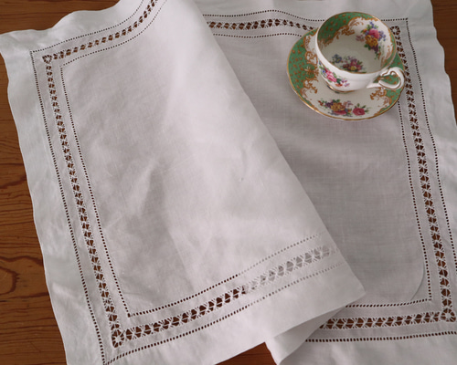 アンティーク モノグラム 花柄 ドロンワーク 刺繍 リネン テーブルクロス 大判 bau-antiques_lf819