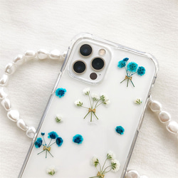 【かすみ草】 ストラップ付 スマホリング 押し花スマホケース iPhone専用スマホショルダー 6枚目の画像