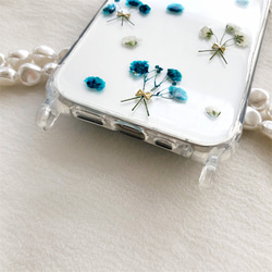 【かすみ草】 ストラップ付 スマホリング 押し花スマホケース iPhone専用スマホショルダー 7枚目の画像