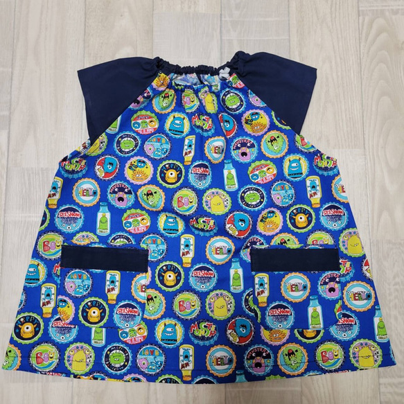 半袖スモック モンスター ドリンク ブルー ショート袖 ポケット付 80  