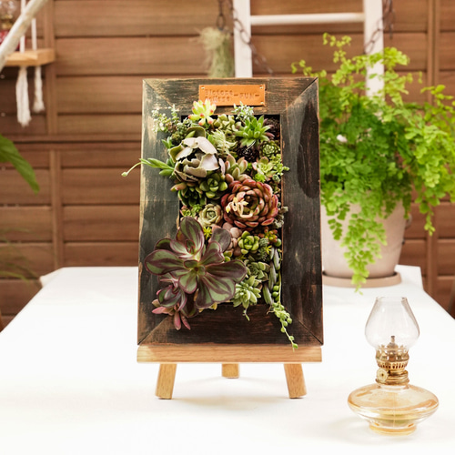 額縁風プランター 寄せ植え 花 木材 木枠 三脚 緑 アート