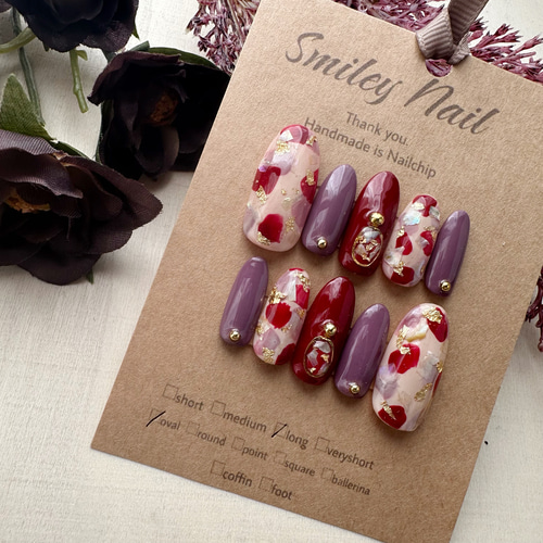 33))ネイルチップ フレンチガーリー ボルドー シンプルネイル ニュアンス