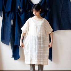 OrganicCotton &amp; Linen Border 後褶五分袖連衣裙 第4張的照片