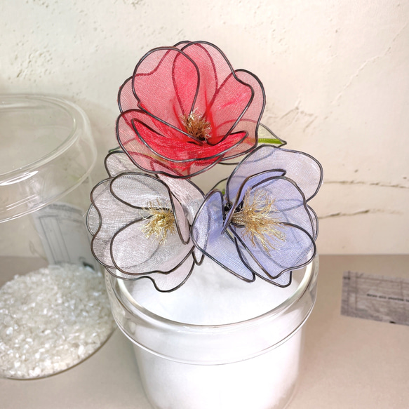 【色が選べる】透け感が艶やかな椿 フリル花弁が可愛いカメリア ワイヤーアート オーガンジー パッケージなし 1本 11枚目の画像