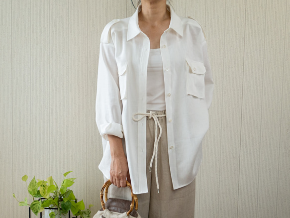 フォグリネンワーク 麻 長袖シャツ ハーフシェルボタン ホワイト